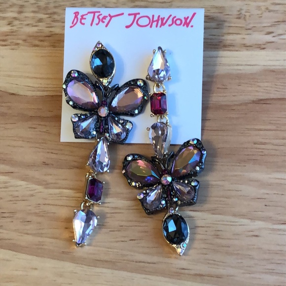 Betsey Johnson Hematite & Gold Tone Mismatch Crystal Butterfly Drop Earrings NWT - Picture 11 of 16